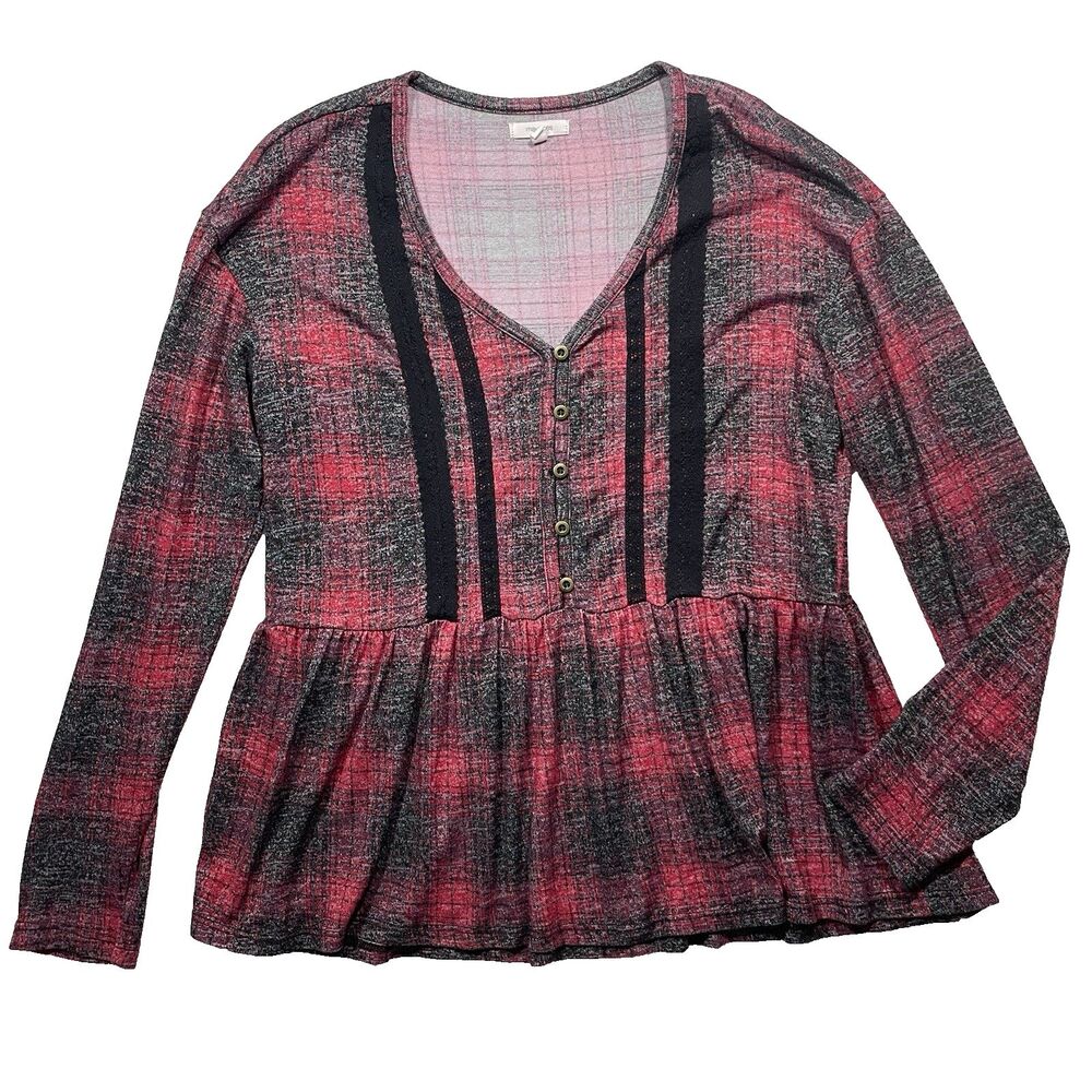 Maurices Plaid Ribbon Peplum Knit Blouse Women's Size M Red Black Fall